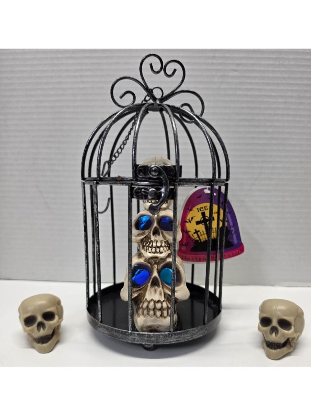 Halloween Skull Cage LED Light Decor w/ 2 Mini Skull Accents Gothic Hanging Deco